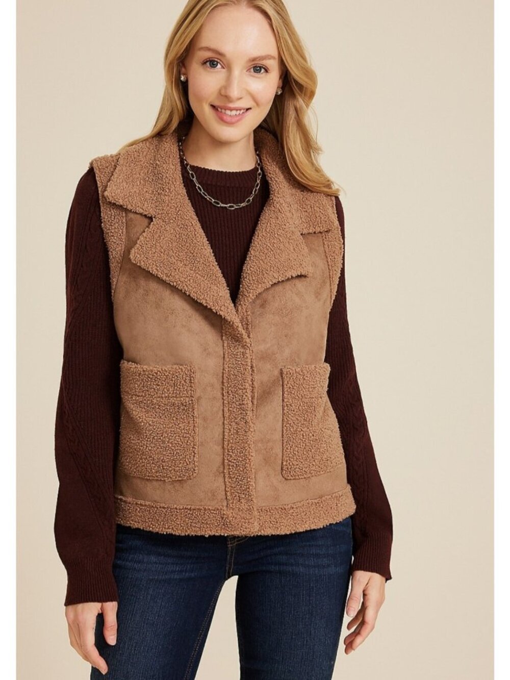 Maurices XXL Brown Faux Suede Sherpa Vest NWT Snap Front Patch Pocket Cozy